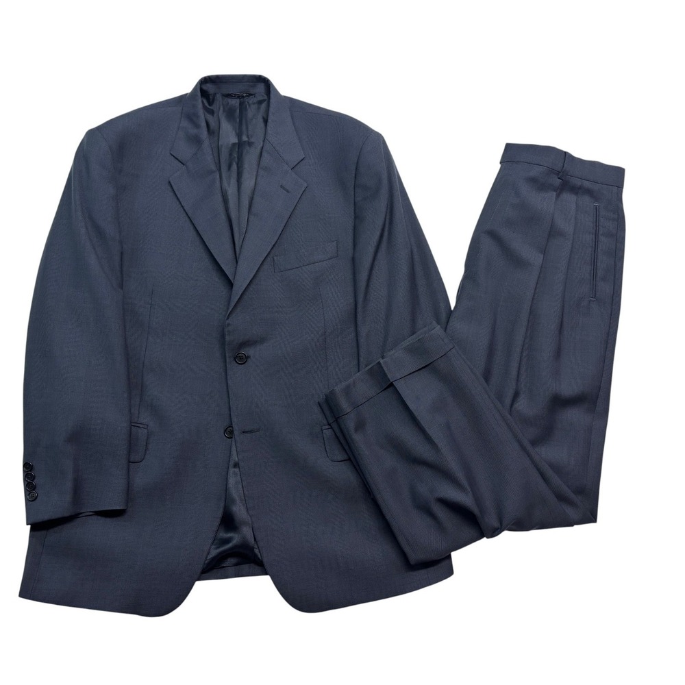 vtg 90s Zanieri Italy 44S 35x28 Navy Blue Plaid 2pc Pant Suit Tasmania Wool